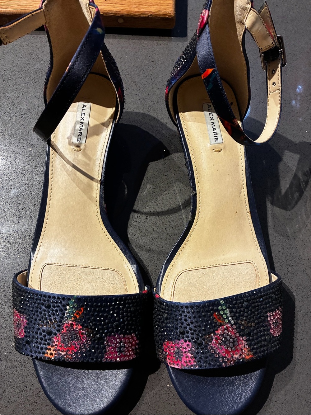 Alex Marie Navy Floral Rhinestone Ankle-Strap Heels